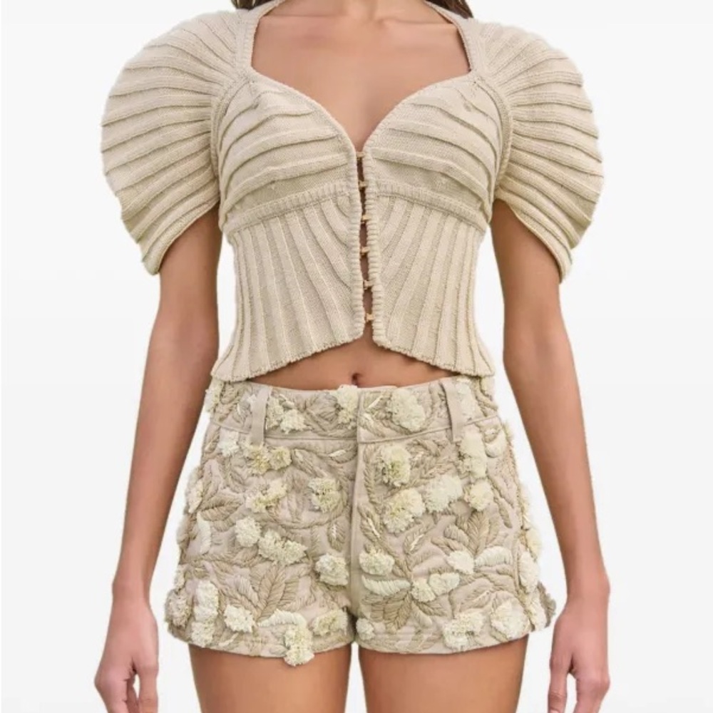 cult gaia Beige Floral Embroidered High Waist Shorts